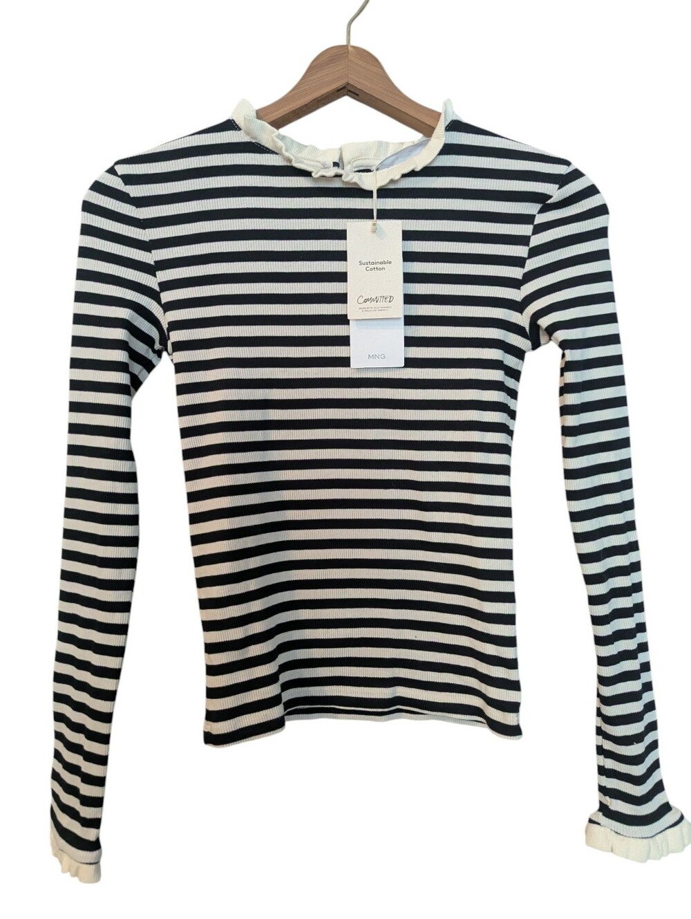 MNG Mango Black and White Striped Ruffle-Neck Long Sleeve Top Size XS